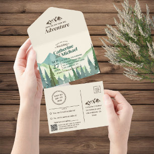 Pine Forest Mountain Abenteuer QR-Code Hochzeit All In One Einladung