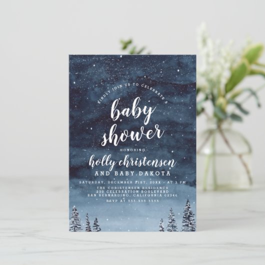 Pine Forest & Night Sky Winter Baby Dusche Einladung (Stehend Vorderseite)