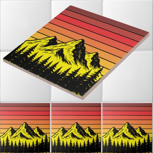 Pine Forest Over Mountains & Retro Sunset Frieze Fliese