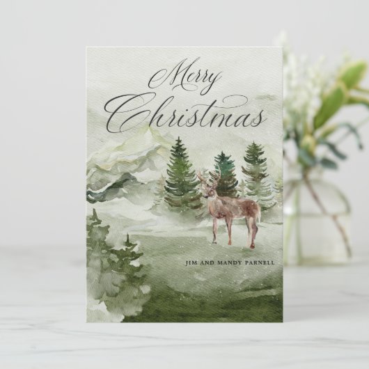 Pine Forest Snow Deer Frohe Weihnachtskarte (Stehend Vorderseite)