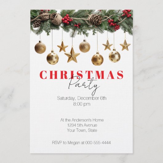 Pine Garland Gold Ornaments Christmas Party Einladung (Vorderseite)