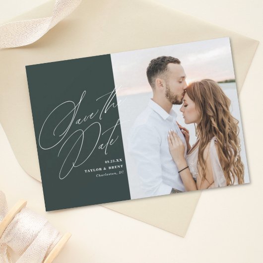 Pine Green Calligraphy Script-Foto Save the Date