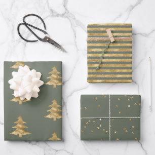 Pine Green Gold Christmas Trees Streifen Sparkle Geschenkpapier Set