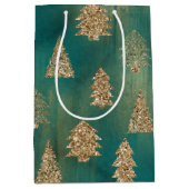Pine Green Gold Glitzer Glam Weihnachtsbaumen Mittlere Geschenktüte (Vorderseite)