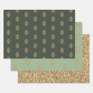 Pine Green Gold Glitzy Glitzer Weihnachtsbäume  Geschenkpapier Set