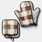 Pine Green Ivory Red Stripes Ofenhandschuh & Topflappen-Set (Vorderseite/Rückseite)