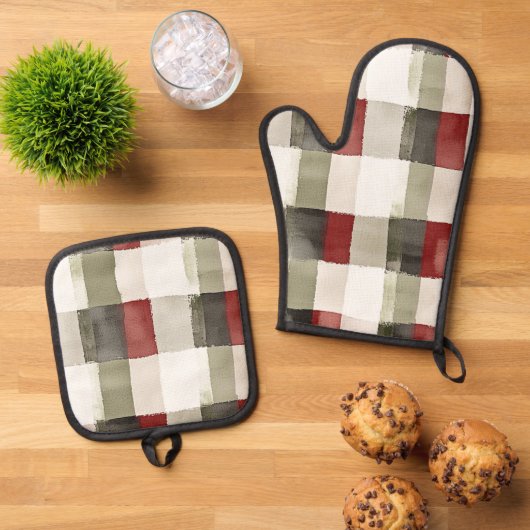 Pine Green Ivory Red Stripes Ofenhandschuh & Topflappen-Set (Oben Unten)