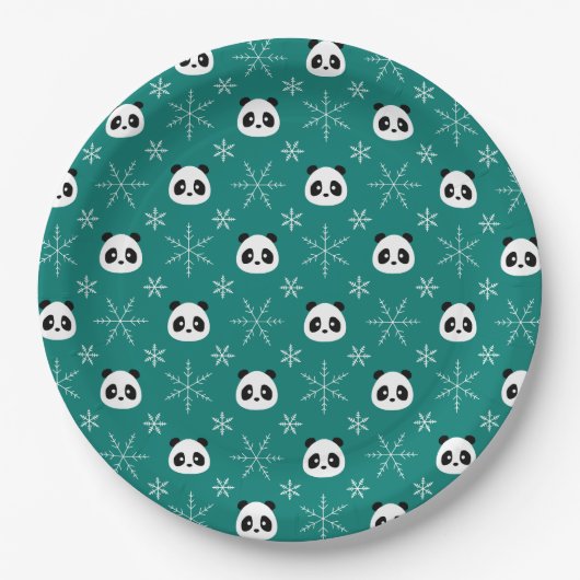 Pine Green - Niedliche Pandas mit Schneeflocken Pappteller (Vorderseite)