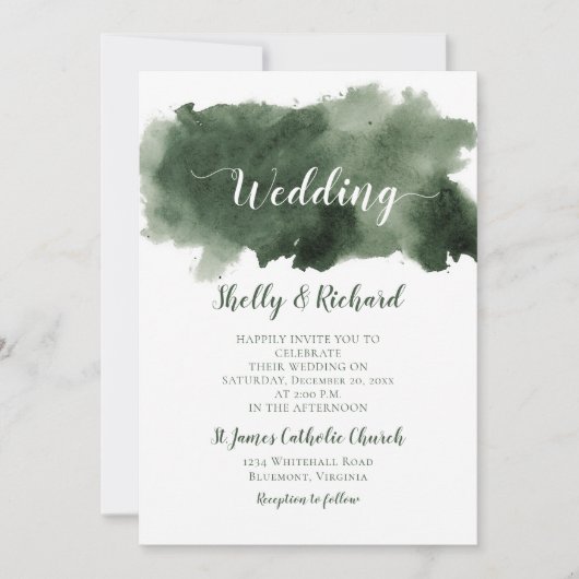 Pine Green Watercolor Wash Winter Hochzeit Einladung (Vorderseite)
