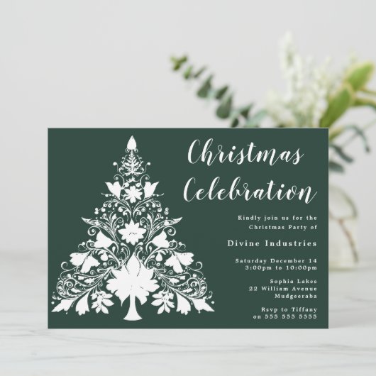 Pine Green White Tree Weihnachtsfeier Einladung (Stehend Vorderseite)