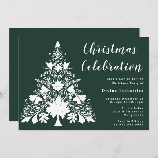 Pine Green White Tree Weihnachtsfeier Einladung (Vorne/Hinten)