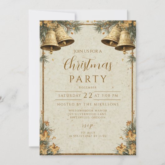 Pine Greenery Gold Bells Einladung (Vorderseite)