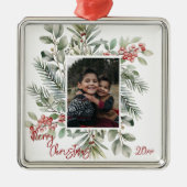 Pine Greenery Holly Foto Frohe Weihnachten Ornament Aus Metall (Vorne)