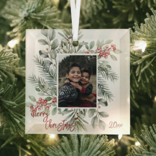 Pine Greenery Holly Red Foto Frohe Weihnachten Ornament Aus Glas