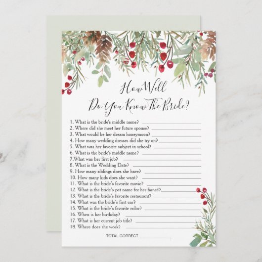 Pine Greenery wie gut kennen Sie das Bride Game Einladung (Vorne/Hinten)