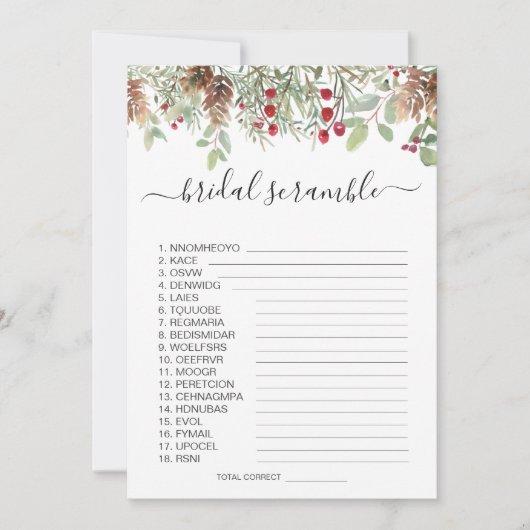 Pine Greenery Word Scramble Brautparty Game Einladung (Vorderseite)