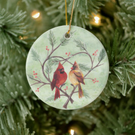 Pine Heart Kardinals on Green Ornament