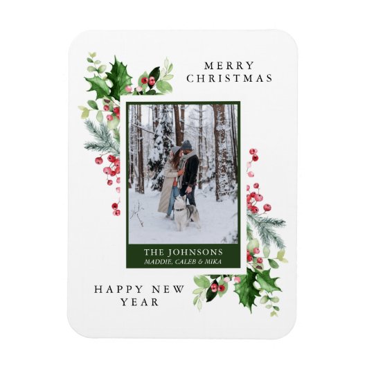 Pine Holly Berries Foto Weihnachtskarte Magnet (Vertikal)