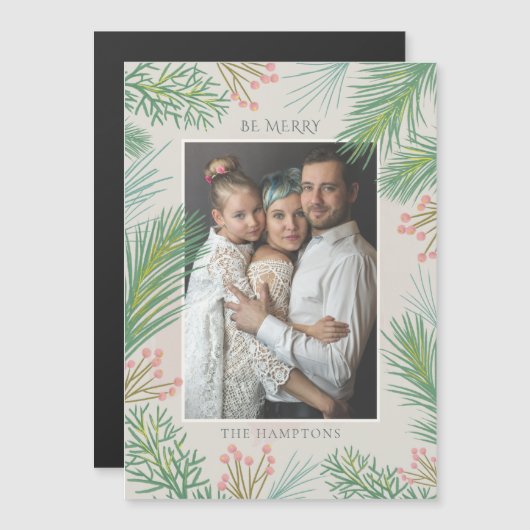 Pine Holly Berry Foto Holiday Magnetkarte (Vorne/Hinten)