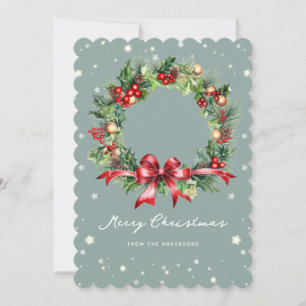 Pine Holly Red Berries Wreath Family Foto Feiertagskarte