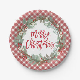 Pine & Holly Rustic Bauernhof Gingham Weihnachten Pappteller
