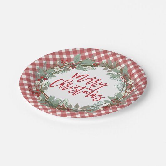 Pine & Holly Rustic Bauernhof Gingham Weihnachten Pappteller (Schrägansicht)