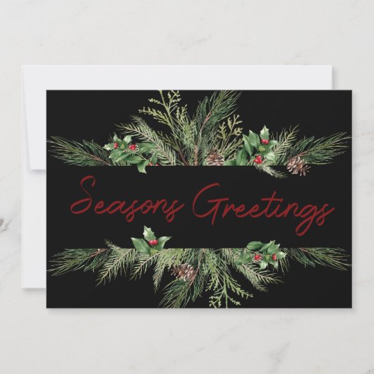 Pine Holly Script Holiday Weihnachtskarte (Vorderseite)