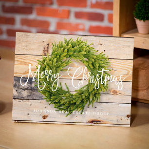 Pine Kreath auf Holz   Frohe Weihnachtsgrüße Feiertagspostkarte