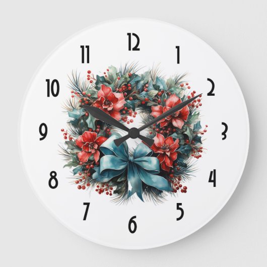 Pine Kreath mit Holly Christmas Große Wanduhr (Vorderseite)