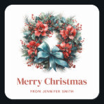 Pine Kreath mit Holly Christmas Quadratischer Aufkleber<br><div class="desc">Aufkleber mit einem hübschen Weihnachtskranz. Ein festliches Bild mit einem Kiefernkranz mit roten Blume,  Heiligenschein und einem schönen blauen Bogen. Schön.</div>