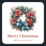 Pine Kreath mit Holly Christmas Quadratischer Aufkleber<br><div class="desc">Aufkleber mit einem hübschen Weihnachtskranz. Ein festliches Bild mit einem Kiefernkranz mit roten Blume,  Heiligenschein und einem schönen blauen Bogen. Schön.</div>