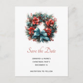 Pine Kreath mit Holly Christmas Save the Date Einladungspostkarte (Vorderseite)