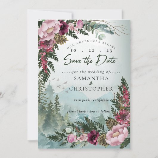 Pine Mountain Forest Burgundy Dusty Rose Save The Date (Vorderseite)