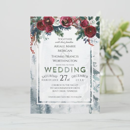 Pine Mountain Winter Wedding Einladung (Stehend Vorderseite)