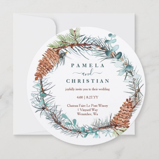 Pine Needle Eucalyptus Pinecone Wreath Wedding Einladung (Vorderseite)