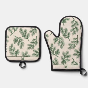 Pine Needle Lane-Kiefernnadel-Druck & Monogramm-Ak Ofenhandschuh & Topflappen-Set
