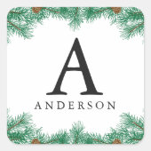 Pine Needles & Pine Cones Monogramm Weihnachten Quadratischer Aufkleber (Vorderseite)