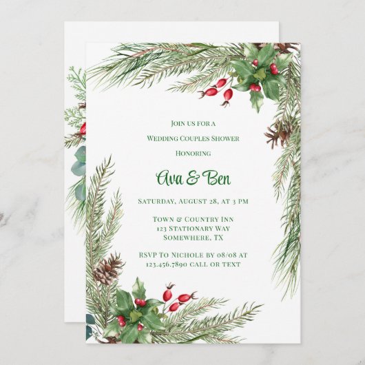 Pine Needles Red Berry Wedding Couples Dusche Einladung (Vorne/Hinten)