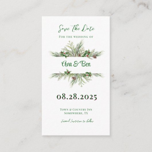 Pine Needles Red Berry Weihnachten Save the Date Begleitkarte (Vorderseite)