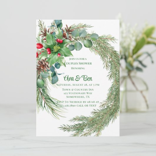Pine Needles Red Berry Weihnachtskaffees Dusche Einladung (Stehend Vorderseite)