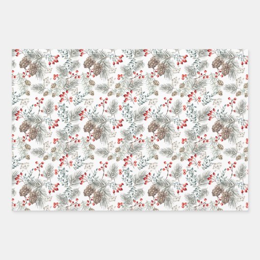 Pine Pine Cones Red Berries Weihnachten Geschenkpapier Set (Vorderseite)