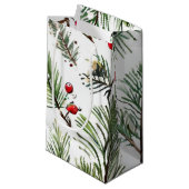 Pine & Red Berries Holzdesign Kleine Geschenktüte (Vorderseite Schrägansicht)