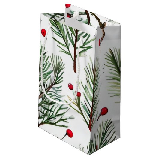 Pine & Red Berries Holzdesign Kleine Geschenktüte (Rückseite Schrägansicht)