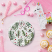 Pine & Red Berries Holzdesign Pappteller (Party)