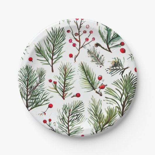 Pine & Red Berries Holzdesign Pappteller (Vorderseite)