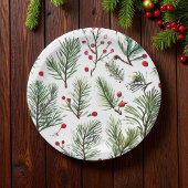 Pine & Red Berries Holzdesign Pappteller