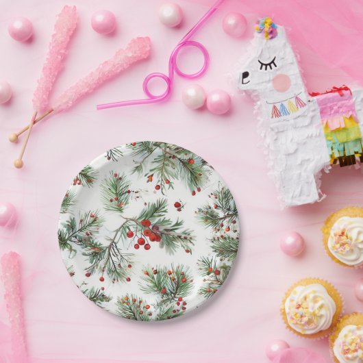 Pine & Red Berries Holzdesign Pappteller (Party)