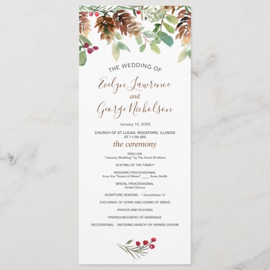 Pine Red Berry Winter Greenerity Wedding Program Programm (Vorderseite)