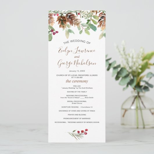 Pine Red Berry Winter Greenerity Wedding Program Programm (Stehend Vorderseite)