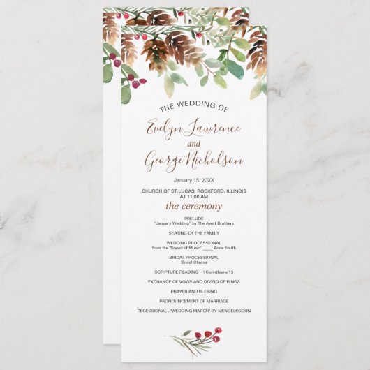 Pine Red Berry Winter Greenerity Wedding Program Programm (Vorne/Hinten)